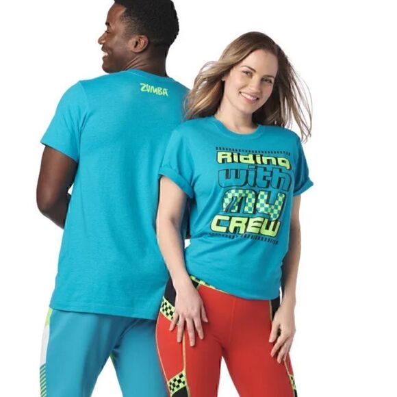 ZUMBA Fitness “Riding with My Crew” unisex tee bright blue in m/l xl/xxl nwt - Picture 3 of 7